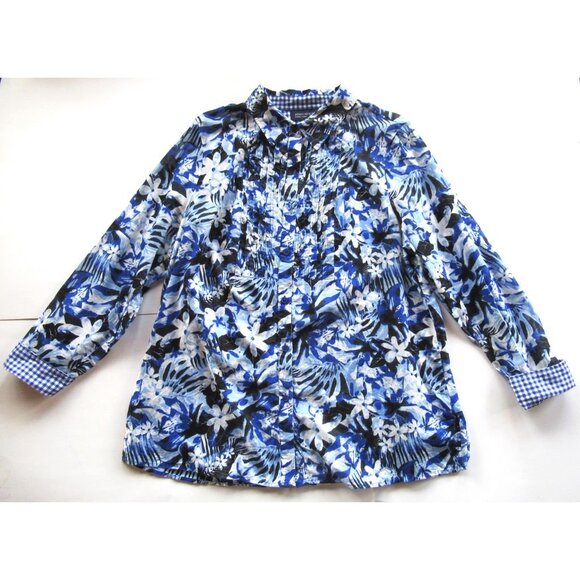 Jones NY Women Shirt/Blouse Floral Blue/White Roll-up Sleeve Pintucks Cotton XL - Picture 16 of 16